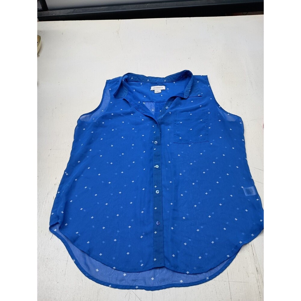 Liz Claiborne Womens XL Blue Diamond Pattern Sheer Button Up Sleeveless Top